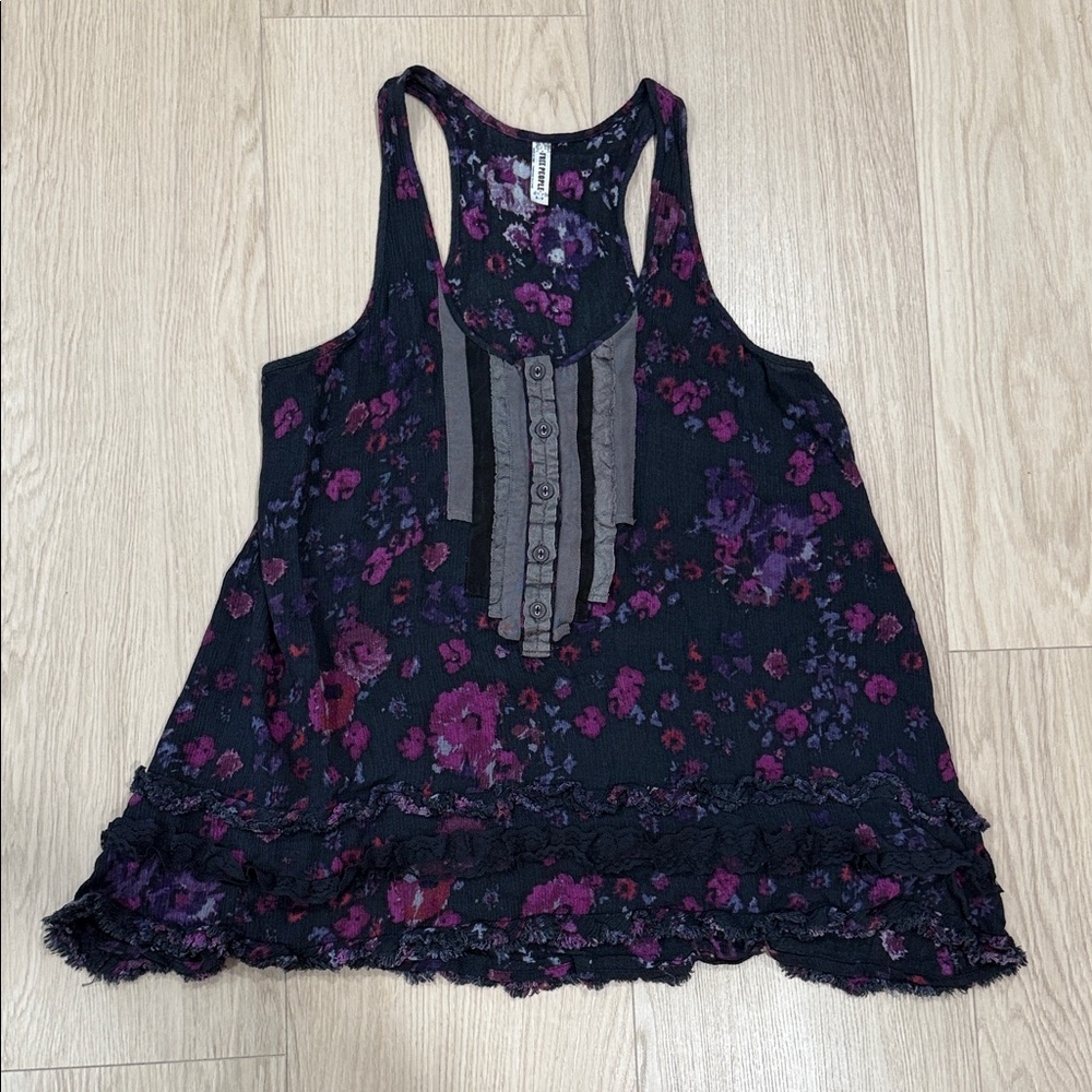 Free People Floral Tank Top - Black and Purple